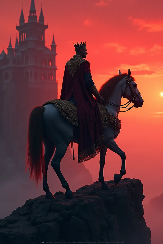 A prince sitting on his horse at the top of the mountain and red in front of us/A magnificent palace in shades of black