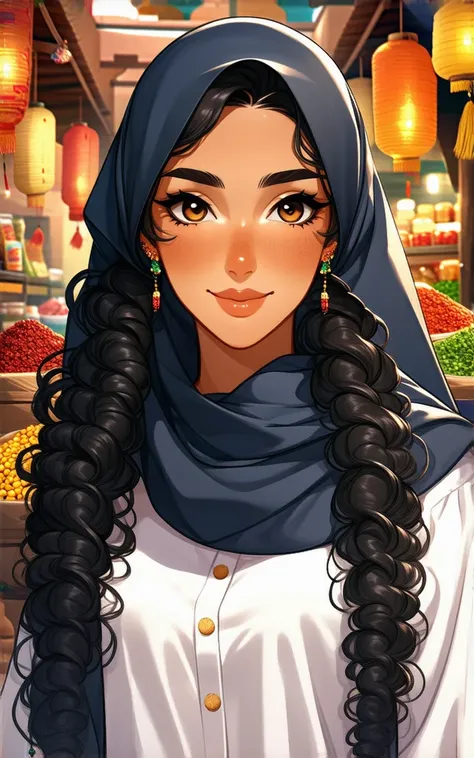 A detailed portrait of a hijabi woman, with long curly dark hair. Ufotable anime style. Her Arabic and Western blended features exude grace, her expressive eyes reflecting strength and compassion. Behind her, a vibrant market scene with colorful spices, la...