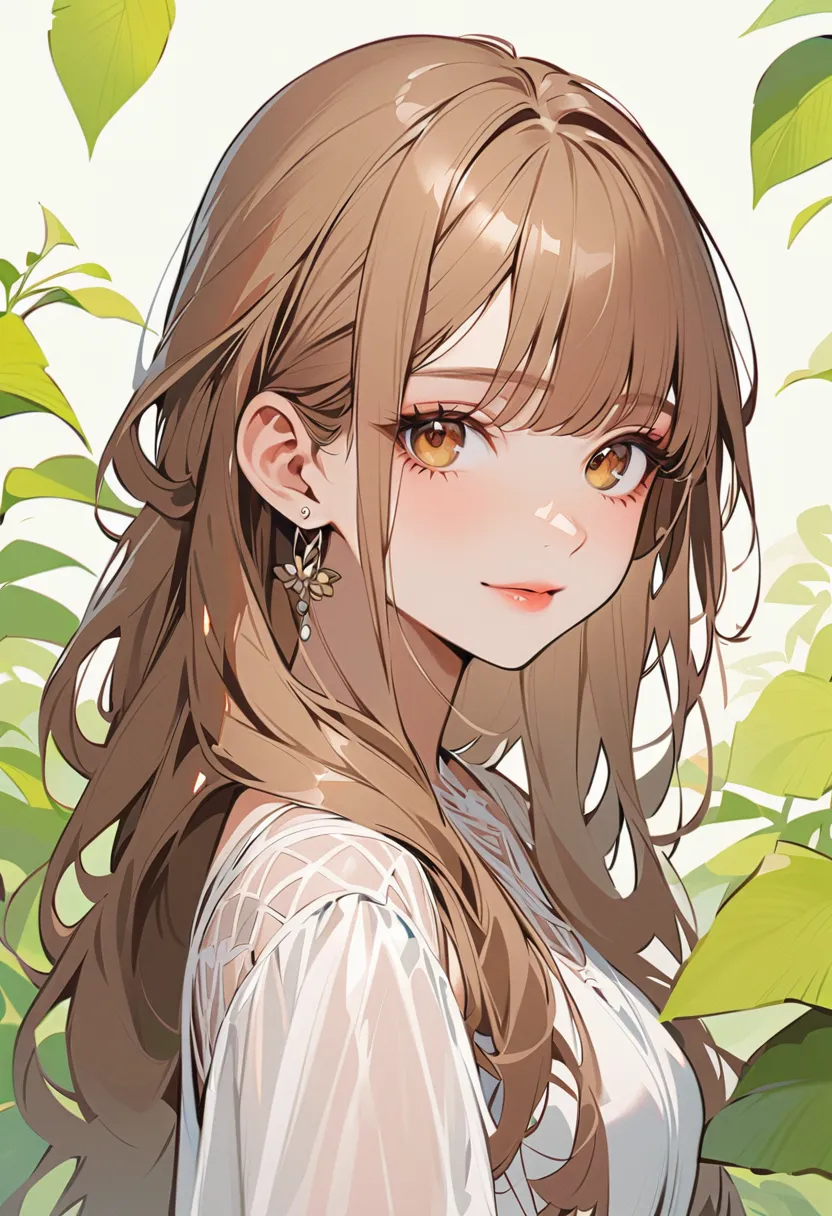 1girl, solo, long_hair, looking_at_viewer, brown_hair, dress, closed_mouth, white_background, brown_eyes, white_dress, parted_hair, looking_to_the_side, from_side, upper_body, leaf, hair_behind_ear, see-through, simple_background, hand_up, smile