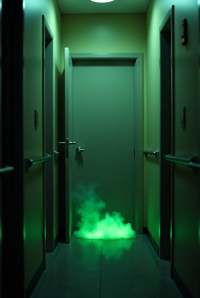 "A closed bathroom door with a small amount of green smoke creeping out from underneath. The door is simple and slightly worn, with a basic design. The hallway outside is dimly lit, creating a mysterious and slightly humorous atmosphere. The green smoke ad...