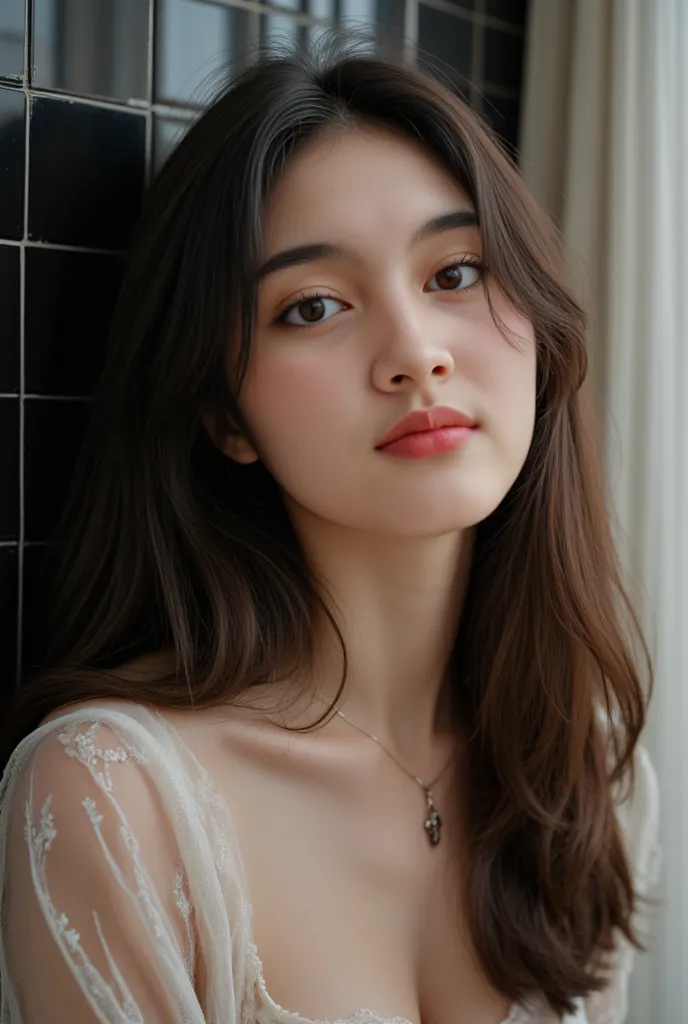 Realistic, A beautiful Chinese-Spanish mixed-race , 1 person, 20 years old, long hair, (black hair color:1.2), milky white skin with a natural blush, pink make-up color, eyeshadow make-up, eyeliner make-up, mascara make-up, blush make-up, lipstick make-up,...