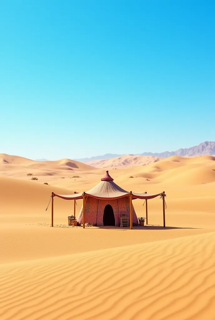 Panorama view of palm desert with blue sky and an arab tent in the desert 