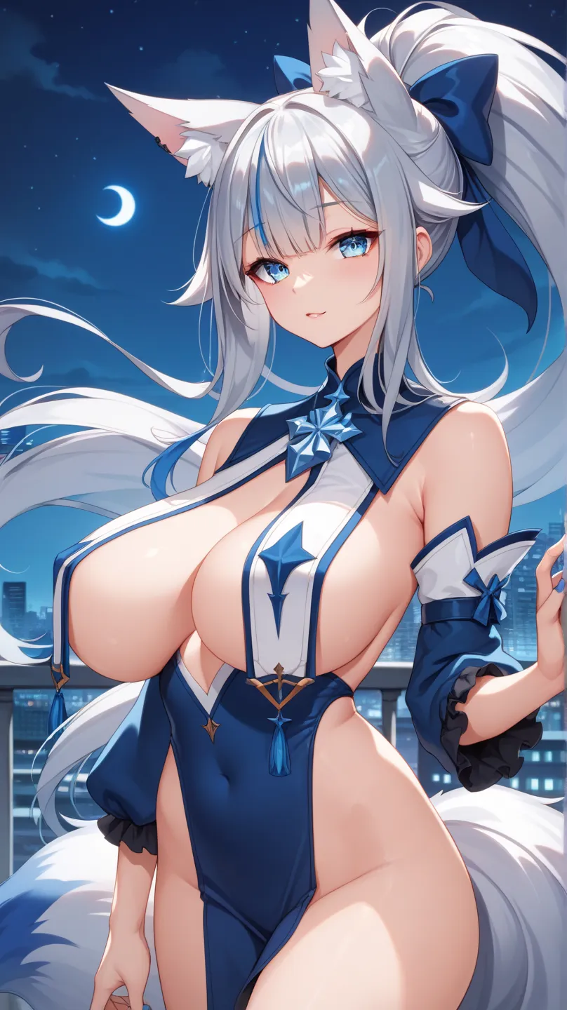 masterpiece,top quality,insanely detailed,1 girl,

ponytail,big hair flaps, Silver Hair,
blue cool eyes,
Big Breasts,
Sky Blue (streaked hair), highlights hair,  Silver Fox Ears , One tail of a silver fox, Sky Blue (streaked tail), highlights tail,

(Late ...