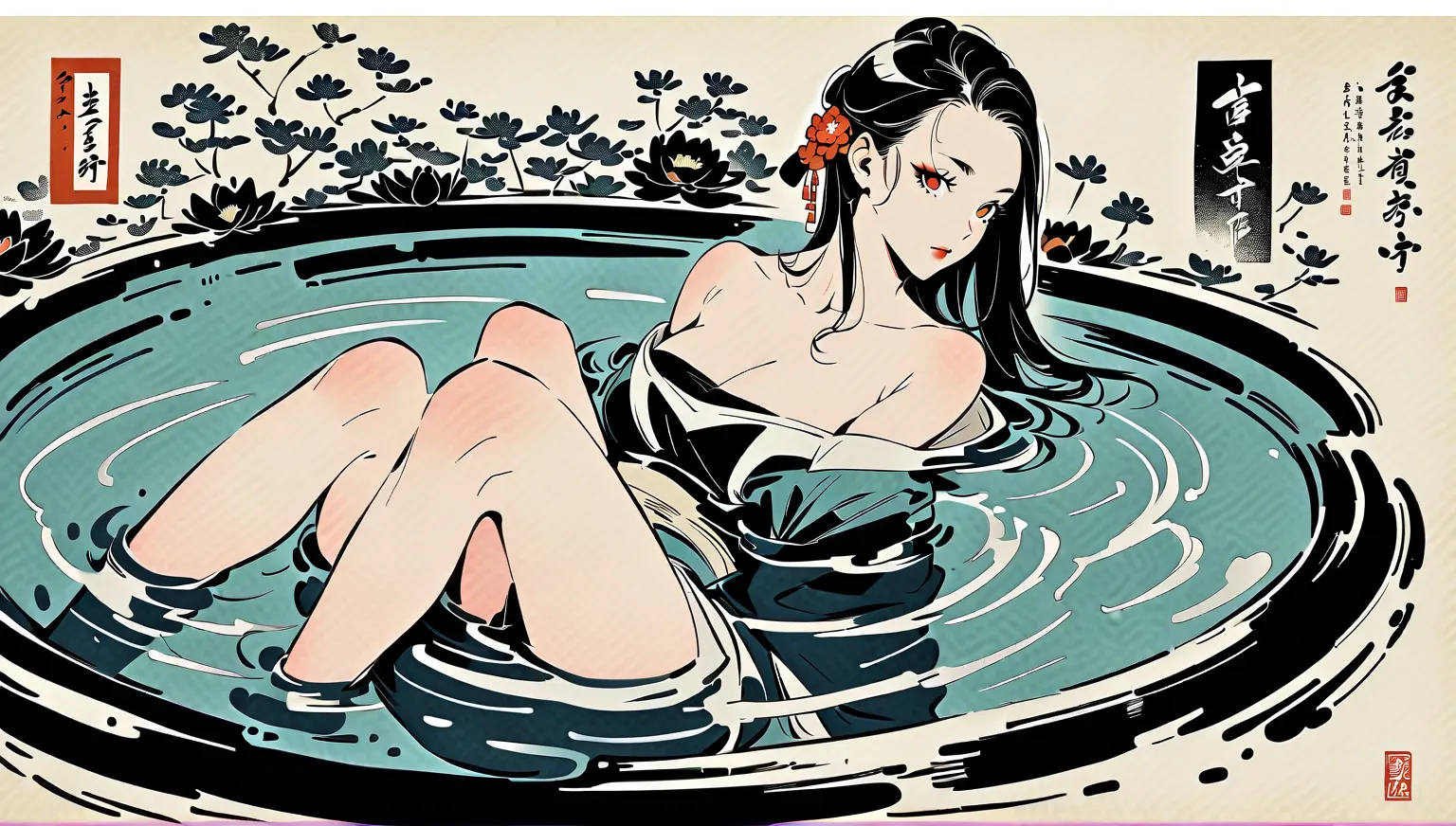 Red eyes,  Ink Painting, Beautiful Japanese Woman, mature, Delicate and precise, Modern ukiyo-e style, thick makeup, in the lotus pool , bare shoulders, relaxing 