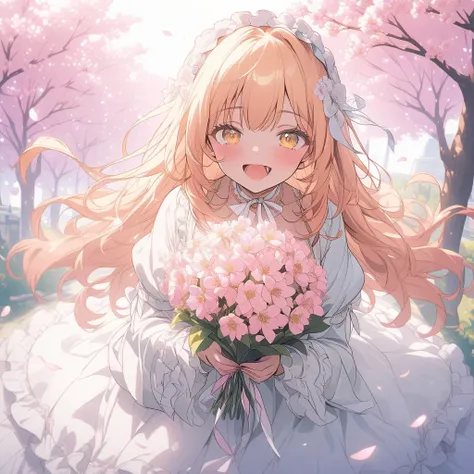 {{masterpiece:1.2, best quality:1.3,masterpiece, extremely fine and beautiful:1.5,highly detailed:1.5}},(lolita: 1.3),  1girl , {orange long hair, yellow eyes}, holding a large bouquet of flowers, happy expression, mouth wide open, 
many cherry blossoms in...