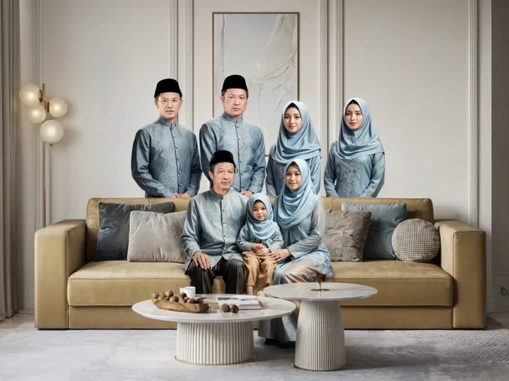 A warm and elegant family portrait in a modern living room. The family members are dressed in coordinated traditional outfits in shades of blue and gray. The men wear dark peci hats and matching formal attire with subtle patterns, while the women wear eleg...