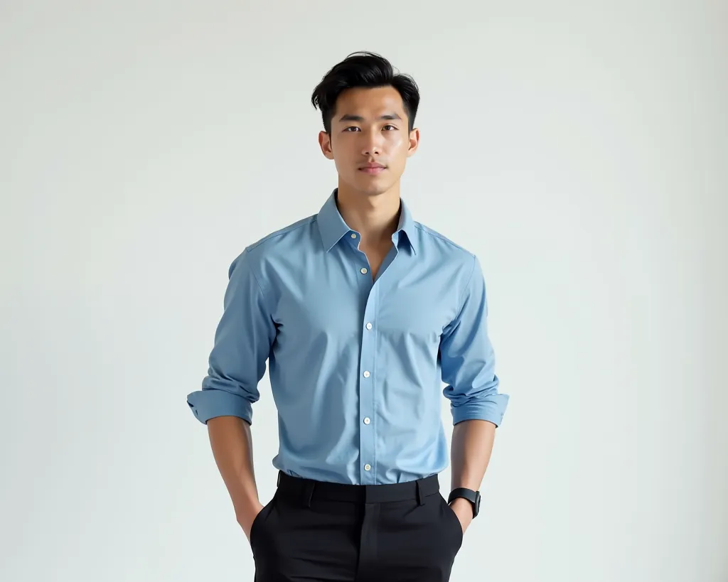 handsome 24 year old man with black hair , wearing sky blue button shirt and black pant , 5'9 tall , with lean physique , his facial features are well defined  , giving him stricking yet netural look , he stands neutral , relax pose with his arm slightly a...