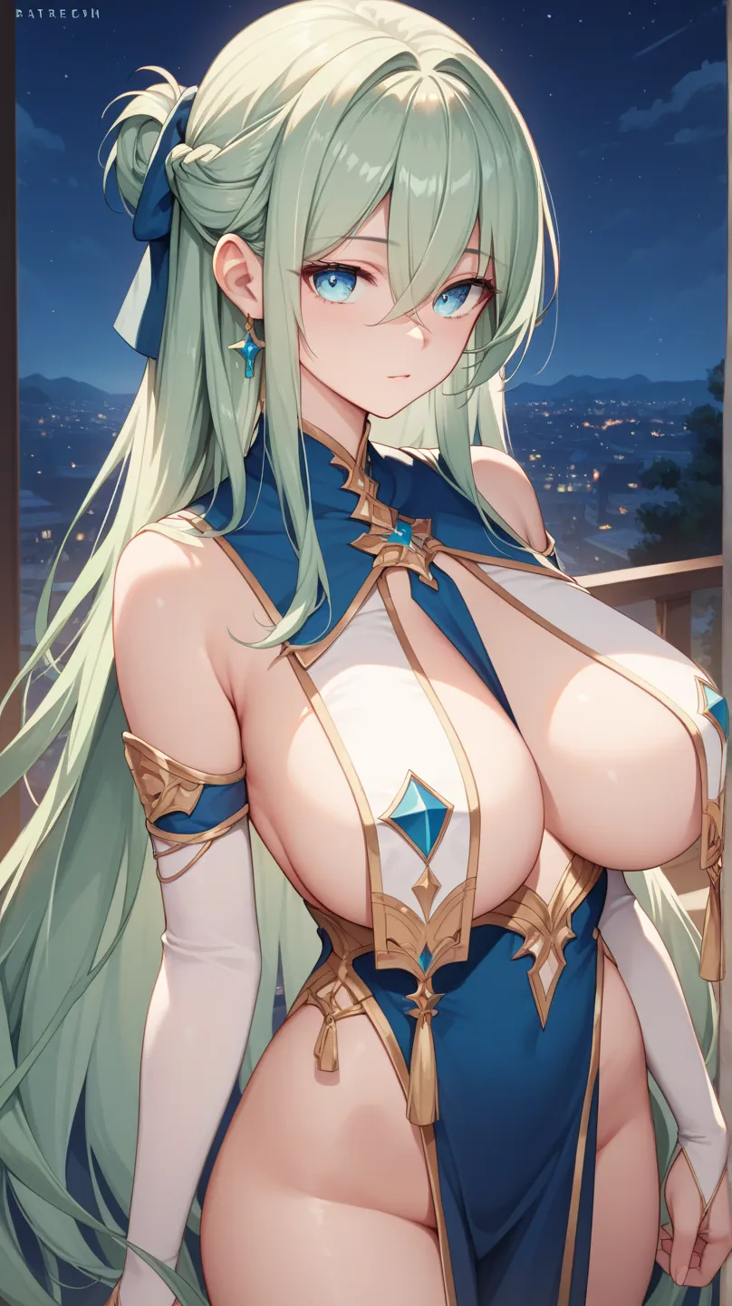 1 girl,  anime-style illustration,
blue cool eyes, 

light green color very long hair, half updo, hairs between eyes, 

masterpiece, top quality, insanely detailed, 

Late Night,

breast curtains,

Big Breasts, 
