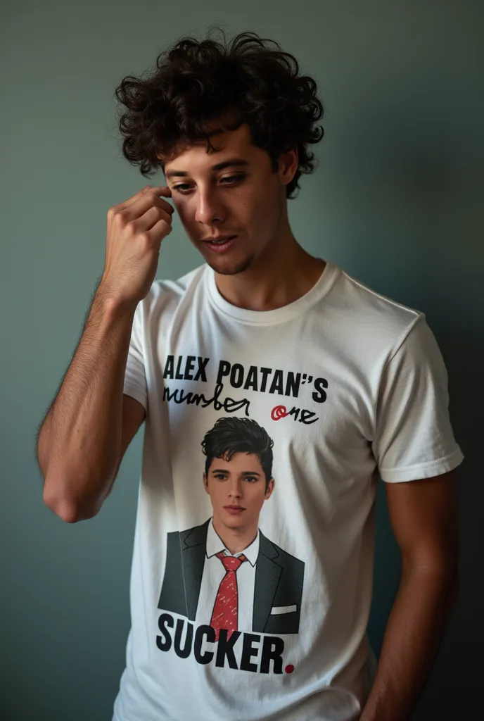 The image shows the entire body from the front, He has one hand on his eye wiping away tears but clearly you can see that he is crying a lot, Are you wearing a written t-shirt "Alex Poatan's number one sucker" And below is an image of Alex Pereira Poatan o...