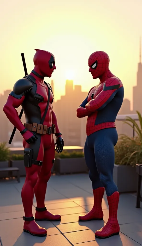 A highly detailed 3D-style scene of Deadpool in his red and black suit, standing on a rooftop terrace, laughing mockingly at Spider-Man. Spider-Man is in his classic red and blue suit, but with an exaggerated, overweight build, looking visibly uncomfortabl...