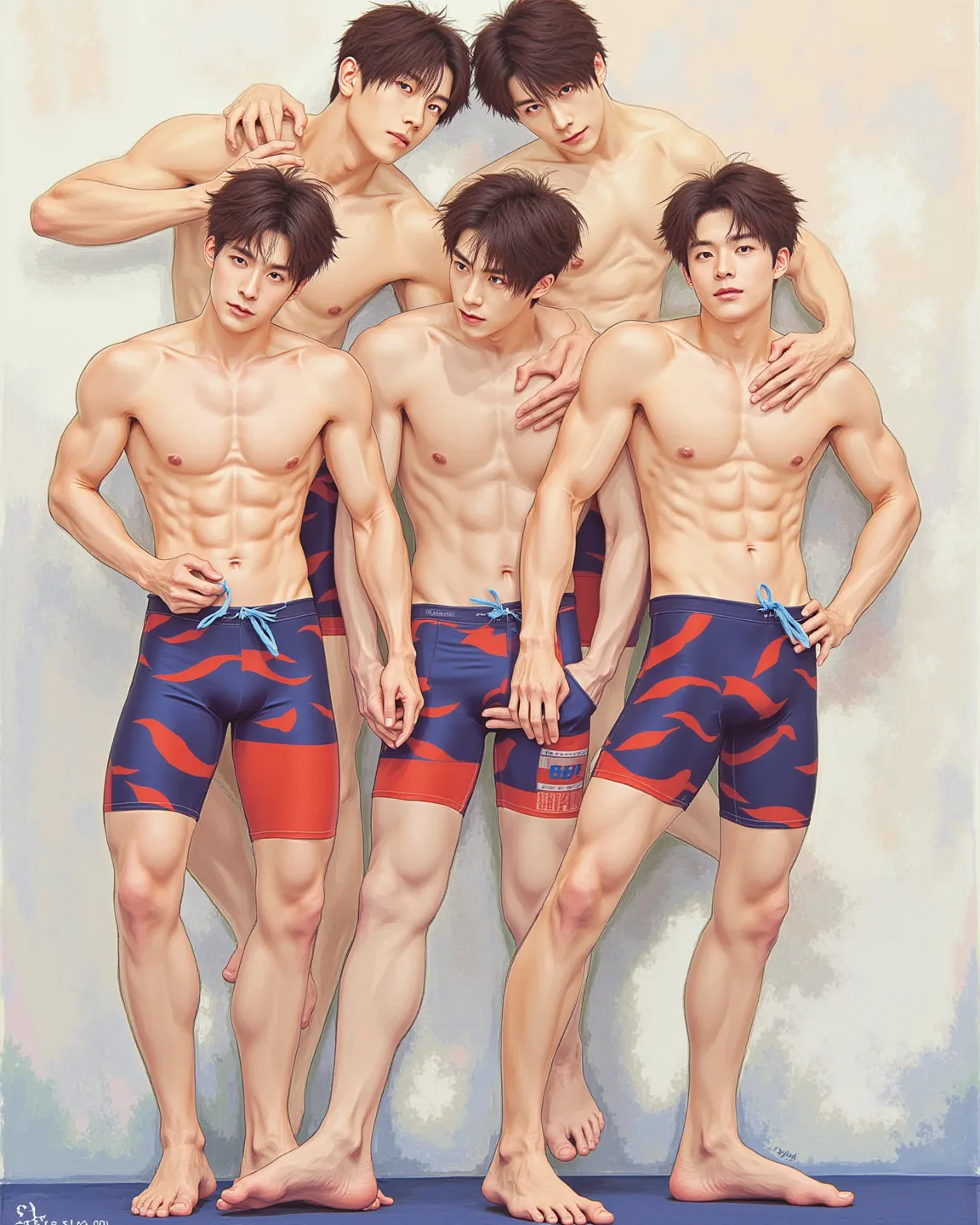 high resolution, masterpiece, Anatomically correct, precise, 最佳quality, High Detail, high quality, quality, is very detailed, Retina Screen, texture skin, ultra-high definition, 
A group of handsome Korean male idols，swim，Toe Correct，Multicolored Swim Pant...