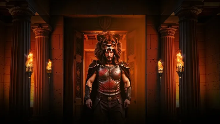Hercules wearing his lion armor. His helmet is the head of a lion. The scene is realistic with a wide frame. His armor is dirty with dust and blood, and his cape is dusty. blood, dust, greece, action, walking.