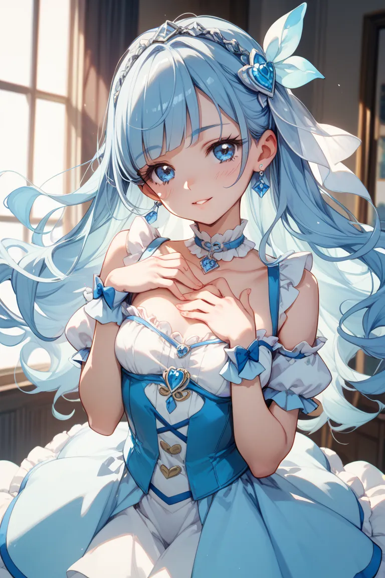 Pretty Cure style light blue costume、young woman、is deciding on a nice pose、white blouse、light blue long hair、I'm crossing my hands between my breasts、 small breasts 