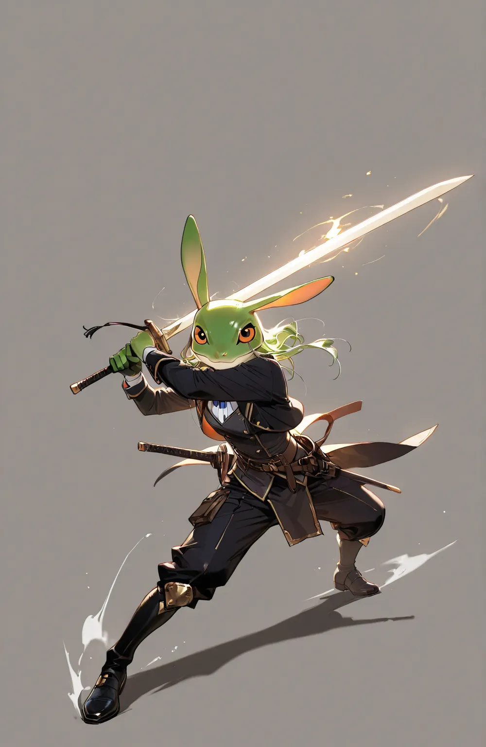 full body,  fight scene、Long sword、simple background、dynamic、Superb Details、high image quality、frog、rabbit、Combine 2 eagles 