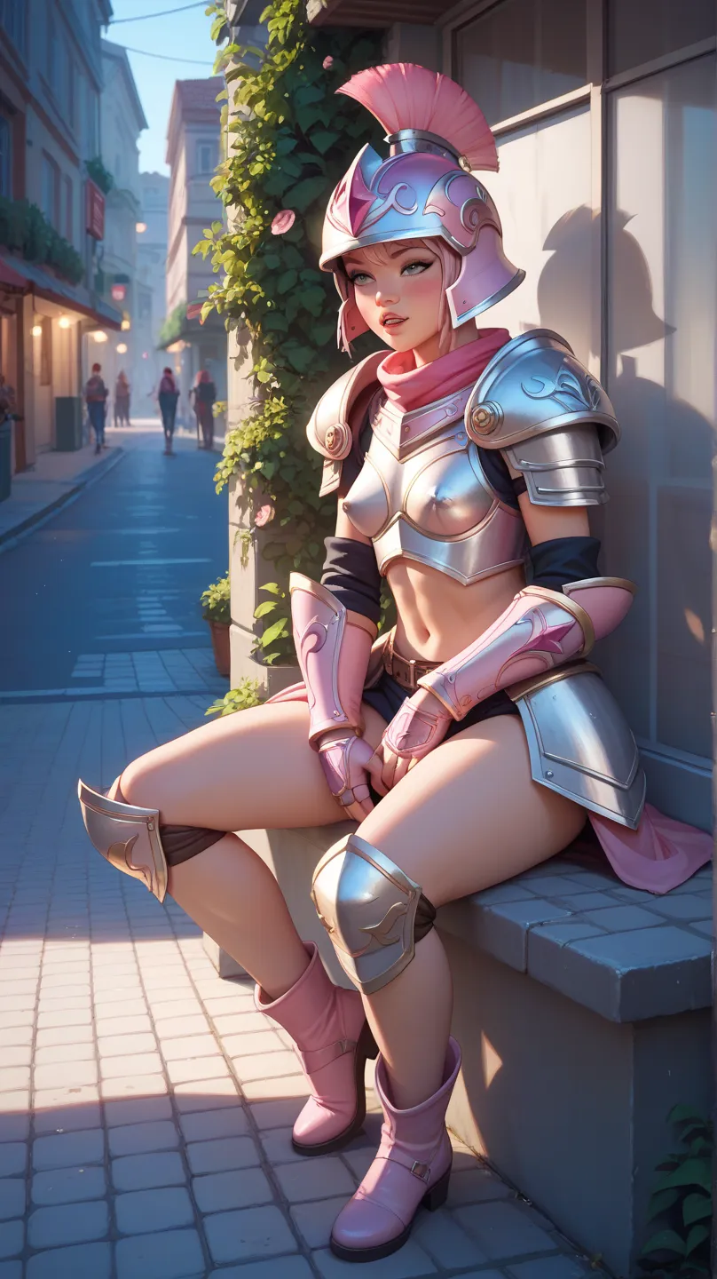 a girl, alone, thin, small breasts, she wears a pink Super Sentai armor, a pink Super Sentai helmet, she is sitting on the sidewalk, a deserted street, it is night, she is masturbating.