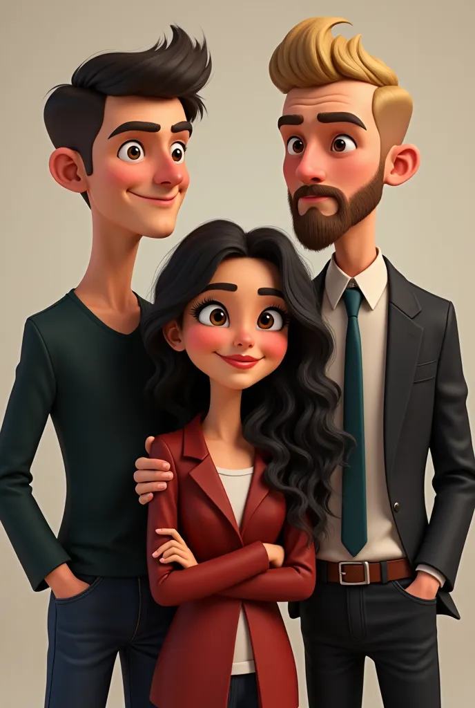 Make an image , being two young men, both of medium height, white skin , the one on the left is thin and with a shaved head and a short goatee, the one on the right dark blond hair and a full beard German style, in the middle a tall woman, Caucasian white ...