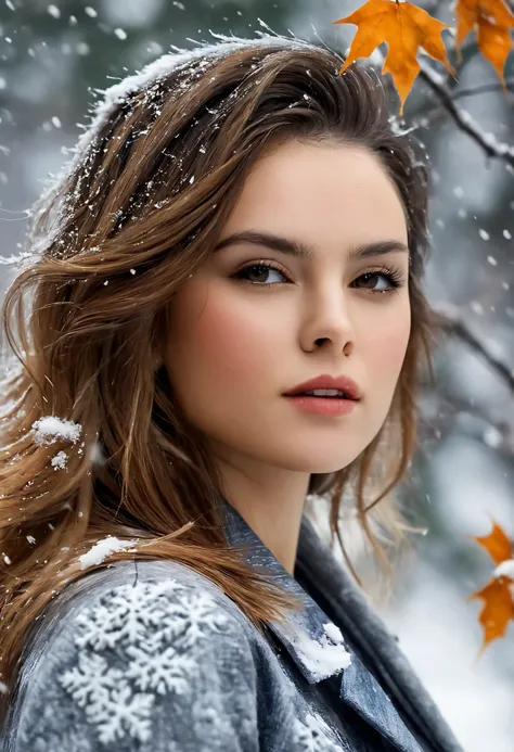 mj, , 4K, High Resolution, Anna Razumovskaya , Casey Bowe, Antonio Mora , Aminola Rezai , Giovanni Boldini , art, realistic art. cat, First Snow , Flakes , partial snow cover, stills, Breathtaking, fallen leaves , melancholy mood, Farewell to Natur...