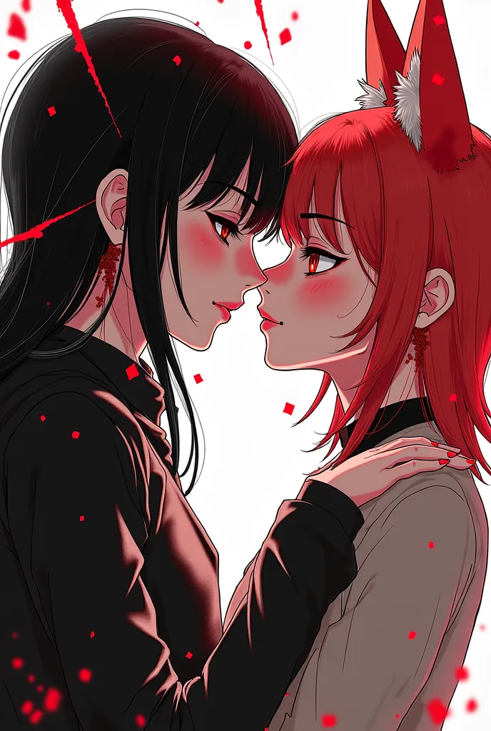 An intense and dramatic aesthetic, dominated by a combination of red tones, blacks and whites. in the center, two young women are in a moment of extreme closeness, with their faces almost united in a kiss.  The girl on the right , with red hair, expressive...