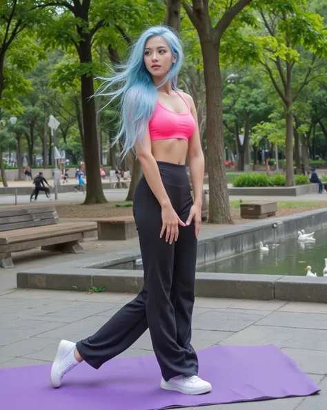 IMG_325.HEIC. A stunning woman with light olive skin and hyper-realistic long light blue hair swept to the side to create a voluminous effect in the middle, full bust, slim waist and wide hips. She enjoys the cool breeze. The image is a low-quality amateur...