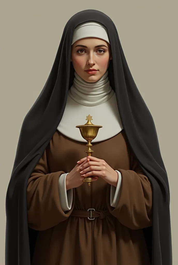 Creating an image of Saint Clare with these requirements :Saint Clare of Assisi is represented with the brown habit of the Poor Clare nuns, a black veil and holding an ostensive. These characteristics symbolize poverty, The spirituality and faith of Saint....