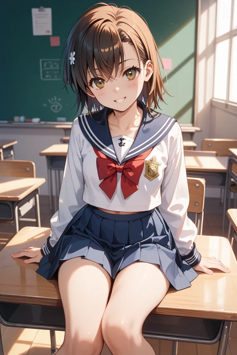  in the classroom、cute female junior high school student in a ponytail wearing a sailor suit（Misaka Mikoto with black hair）is sitting showing off her pussy with her legs spread out。Slender body and crunchy。skirt fluttering。 man juice。Hip joint。