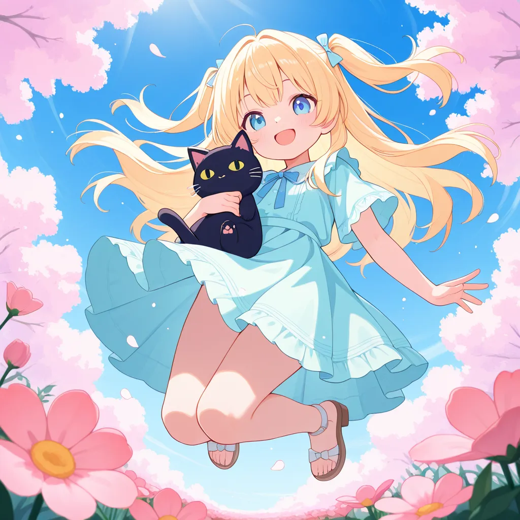 female ,10yo,long blond hair with waves、 is holding a stuffed black cat、 a field of flowers、fluttering petals,from below,jumping,bluesky,happy smile,pastel colors、top quality、High Resolution
