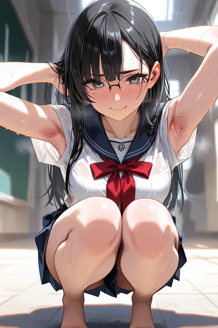 masterpiece, 8k, school, no shoes, bare feet, long hair, black hair, sweat stains, school uniform, glasses, (mole under the eye:1.5), (squatting:1.5), 1girl, spread armpit, sweaty armpits, thin chests, medium breasts, close-up face, Dynamism, unrealistic b...