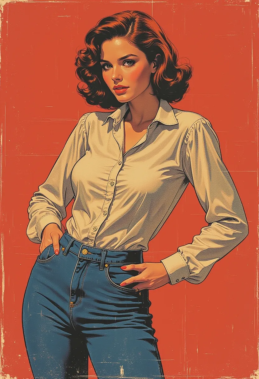   Masterpiece ,vintage comic,mature, waitress, jeans,blouse, bob square,