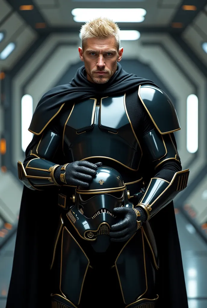 Portrait, 30 year old male, Norwegian features, short blonde spikey hair, blue eyes, wearing black Stormtrooper armor with gold trim, black boots and black gloves, wearing a black cape, holding a Stormtrooper helmet, standing in a Space ship corridor, Hype...