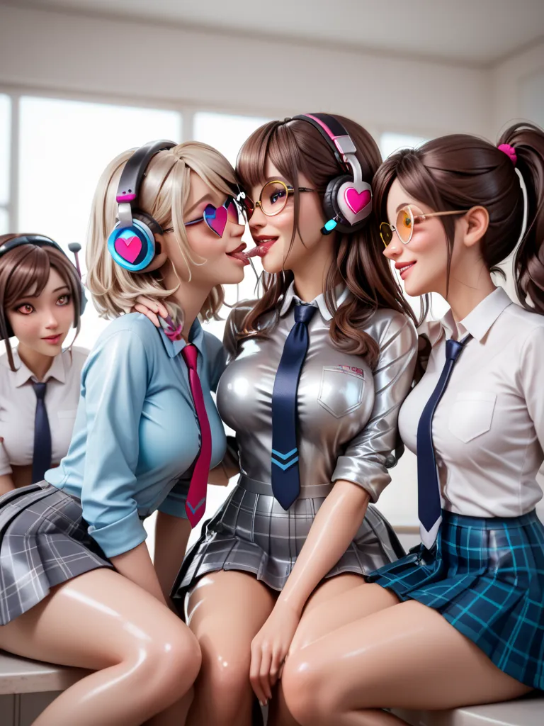 4 girls, she is in an amusement park,Pointed hairline ,  brown hair,   in extremely tight-fitting , shiny silver latex polo shirt pleated skirt, headphones,   very strong shiny skin, large , heart glasses, flannel pattern , first person perspective, Langar...