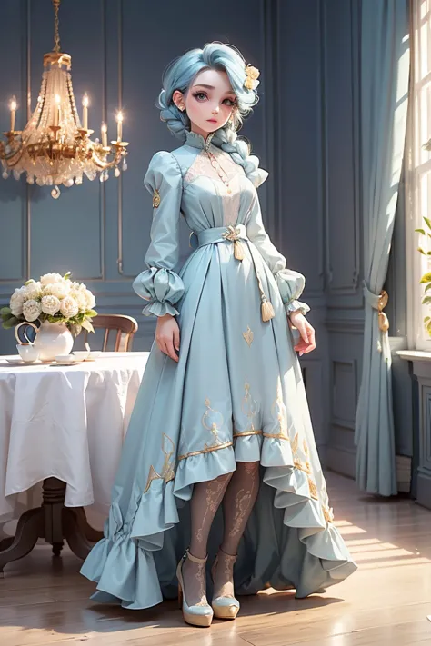 Girl (light blue hair, (HAIRSTYLE "Elegant French Braid")(very long)  one pigtail to the waist, (very long 1) waist-length braid, 1 long braid) ( golden shell hair clip),  (BLUE EYES), (Women's blue vintage evening dress,  floor-length lace A-LINE DRESS wi...