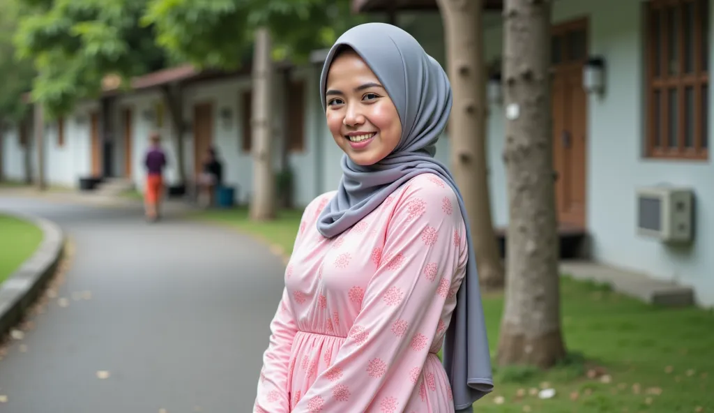  Indonesian adult woman  ,   wearing a gray hijab  ,  and wearing thin nightgown" silk pattern of pink color. without shirt and pants, and wearing white sports shoes .  curvy body  (  solid contains  ),   skin very white  , big round butt  , round eyes usi...