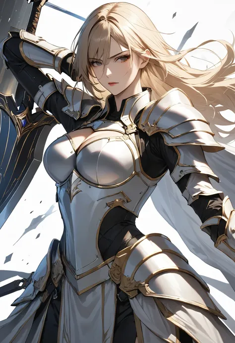 (masterpiece, best quality:1.2), \Cryptic Paladin 001, ROUGH\,
a female paladin, Alone, holding sword with her hands, after raise it above her head,
break (Swings down at you with force,and vertical slash),
