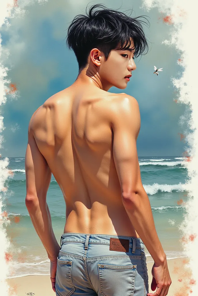 Beautiful 2d watercolor painting of a naked young Korean man with eight packs looking sideways, seductive posts, seductive posts, chocolate-stained skin, windswept flyers, faces resembling Thai idols, undercut hair wearing jeans Long legs are not swiping, ...