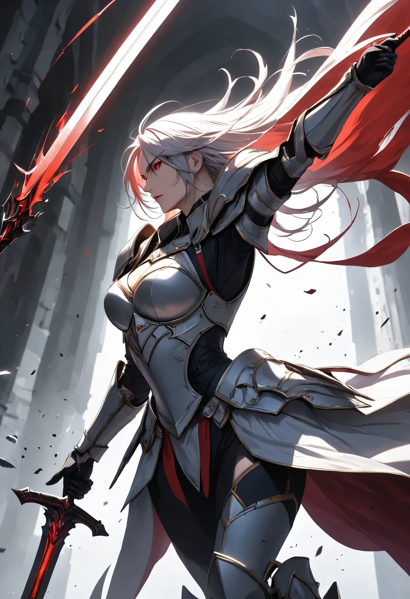 Ultra-high resolution, super detailed, dynamic composition, 
a female paladin, solo, (holding sword with her hands, A sword swung down vertically, (lifting it above her head, and after Swings down at you with force)), 
BREAK \nothing other sword\, vertical...