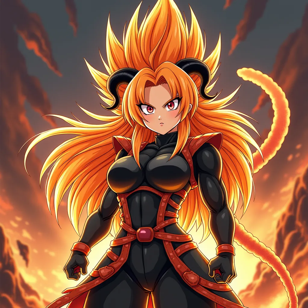 Female Saiyan character with long orange spiky hair, muscular female physique, black horns, orange monkey tail, Red eyes, character from Dragon Ball, In the Akira Toriyama style, High resolution, highly detailed, wild, super saiyan style, ultra focused , U...