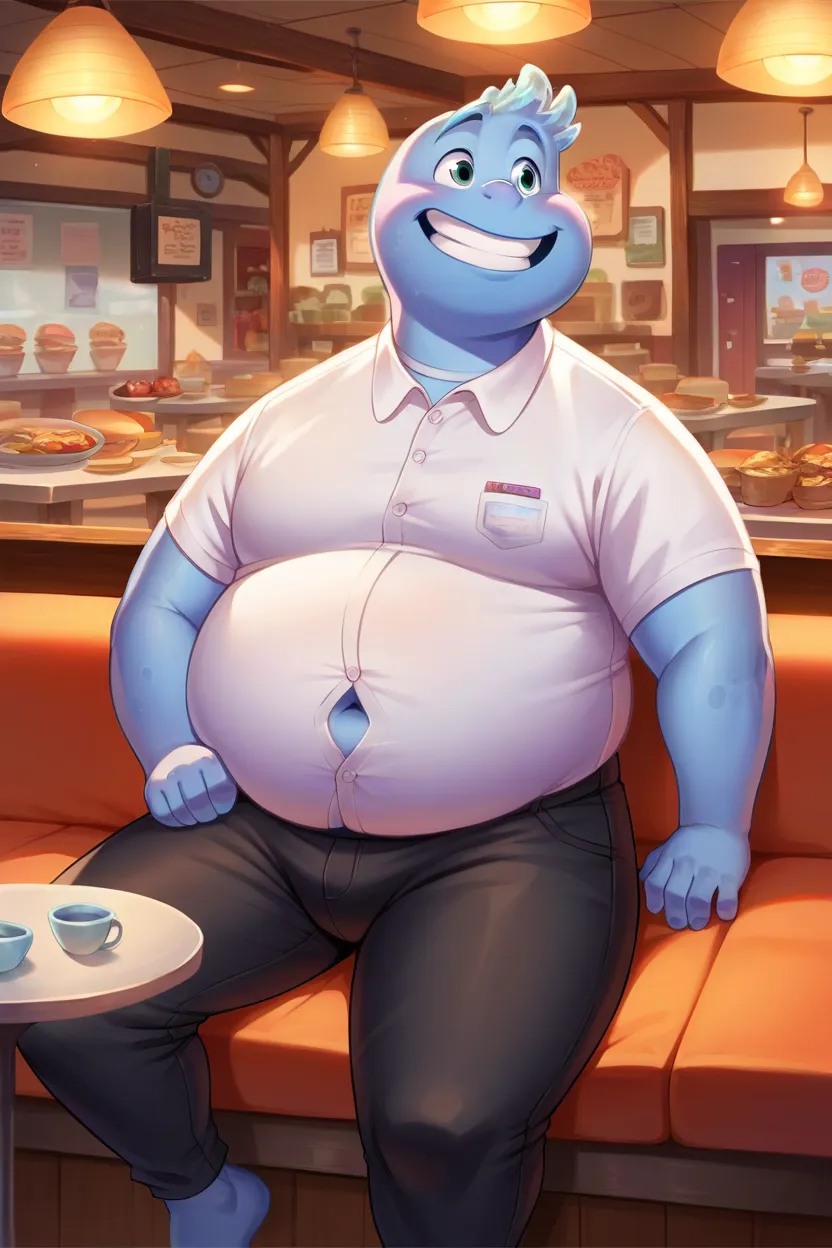 score_9, score_8_up, score_7_up, wade, solo, chubby, chubby belly, chubby cheeks,  black pants, white shirt,  tight clothes, button pops up ,  happy,  sitting at a table in a restaurant