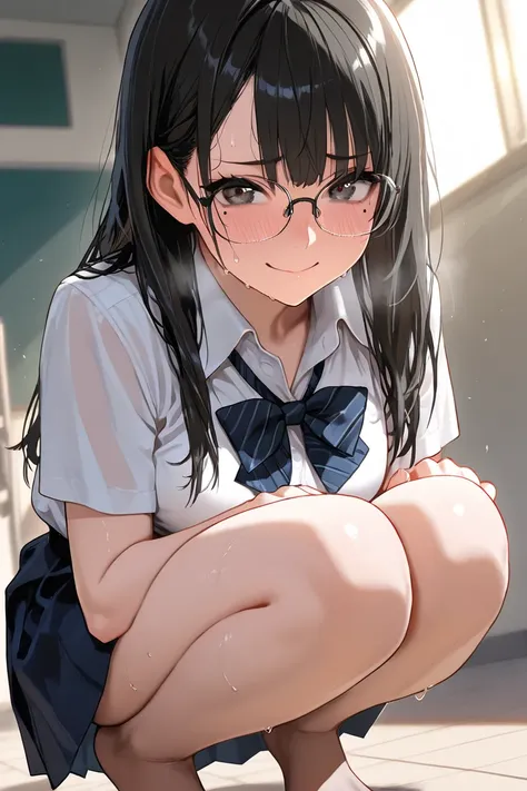 masterpiece, 8k, school, no shoes, bare feet, long hair, black hair, sweat stains, school uniform, glasses, (mole under the eye:1.2), (squatting:1.5), 1girl, spread, thin chests, medium breasts, close-up face, Dynamism, unrealistic beauty, enchanting eyes,...