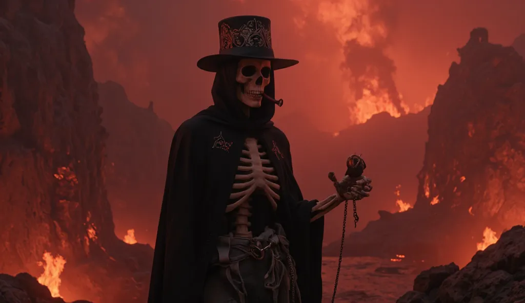 Skeleton character wearing a smoker hat, wearing clothes, background picture, hell