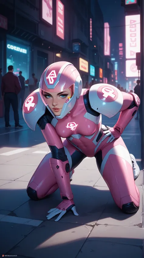 a girl, alone, thin, small breasts, she wears a futuristic pink Power Rangers armor, a pink helmet with a futuristic Power Rangers, it is not possible to see her face, closed helmet, she is sitting on the sidewalk, cyberpunk city, a deserted street, it is ...