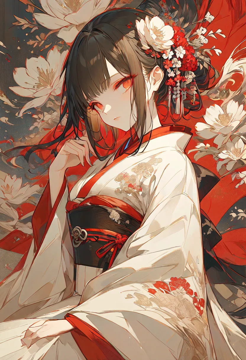 high detail illustration, Design an illustration of a young woman in a traditional Japanese kimono adorned with detailed floral embroidery. She is surrounded by a tapestry-like background of blooming flowers, evoking the elegance of a traditional millefleu...