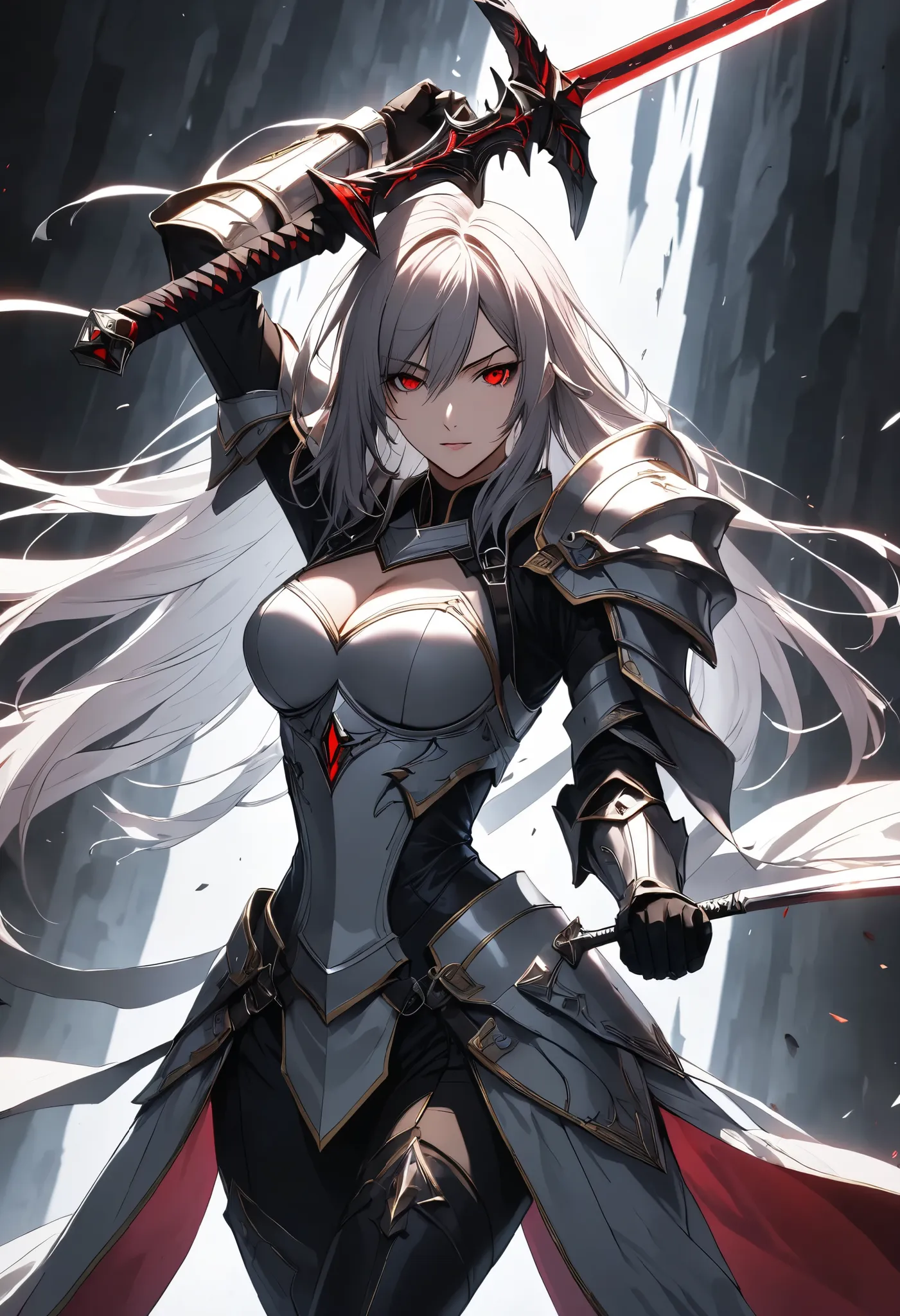 Ultra-high resolution, super detailed, dynamic composition, staring at you, and slash, 
a female paladin, solo, (holding sword with her hands, A sword swung down vertically, (lifting it above her head, and after Swings down at you with force)), 
BREAK \not...