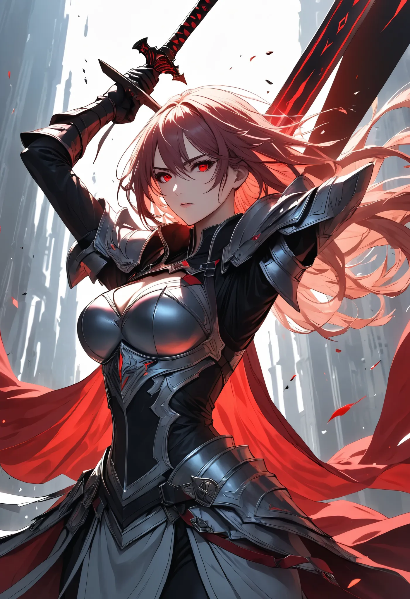 Ultra-high resolution, super detailed, dynamic composition, staring at you, and slash vertical with sword, 
a female paladin, solo, (holding sword with her hands, A sword swung down vertically, (lifting it above her head, and after Swings down at you with ...