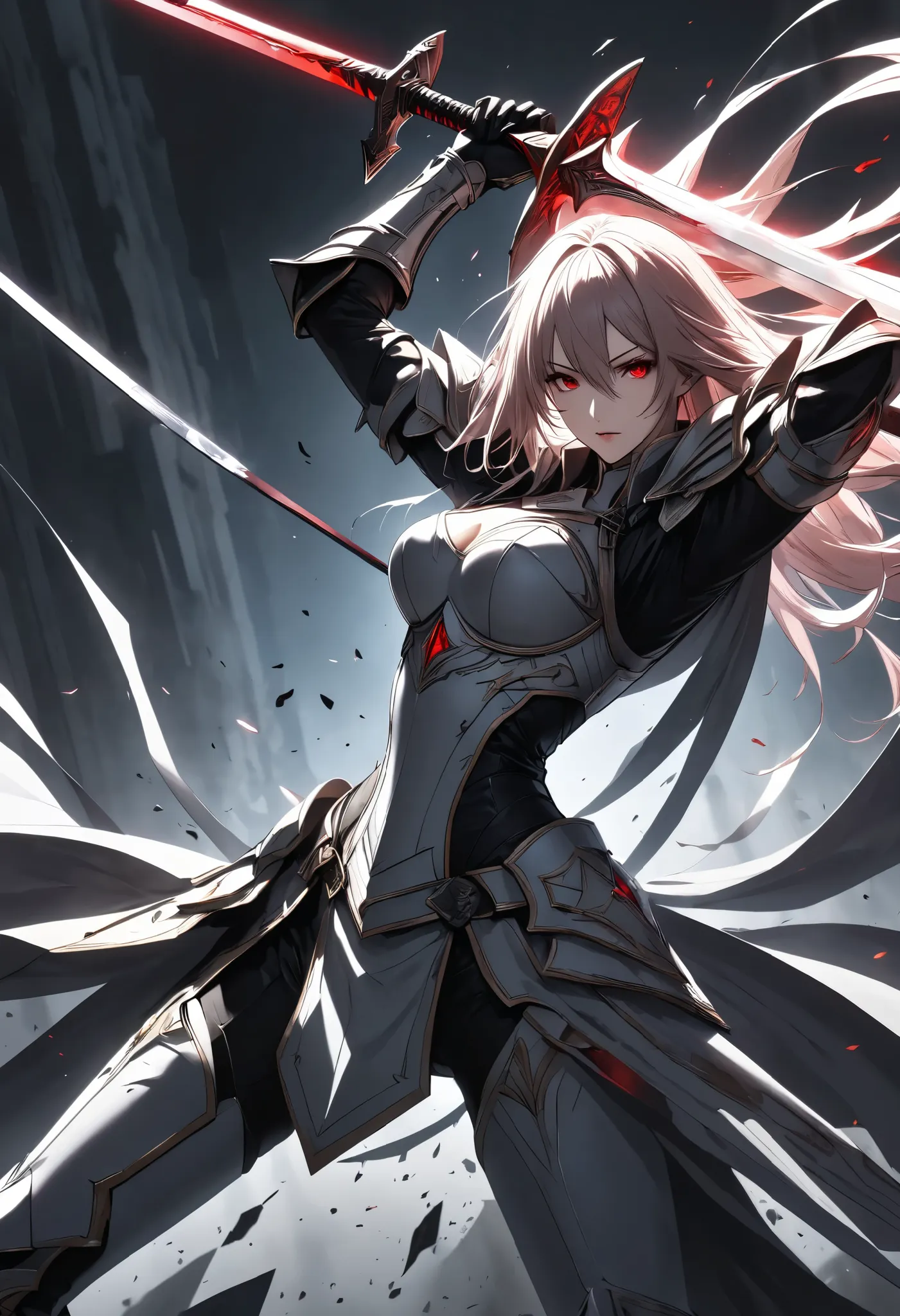 Ultra-high resolution, super detailed, dynamic composition, staring at you, and slash vertical with sword, 
a female paladin, solo, (holding sword with her hands, A sword swung down vertically, (lifting it above her head, and after Swings down at you with ...