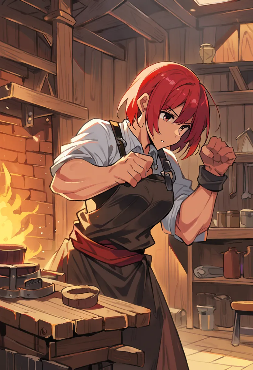 2D, muscular, blacksmith, female, red hair