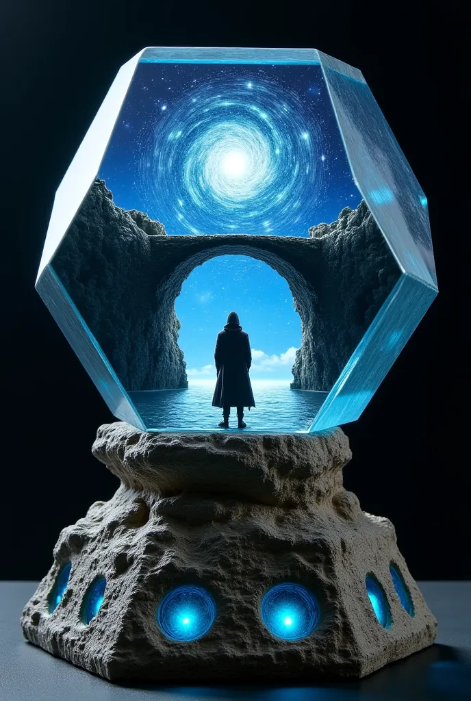 A transparent resin octahedron lamp depicting an enormous stone bridge stretching across a dark abyss. A cloaked traveler stands at its center, gazing at the swirling vortex of stars at the other end. The base is a rough stone foundation with glowing blue ...