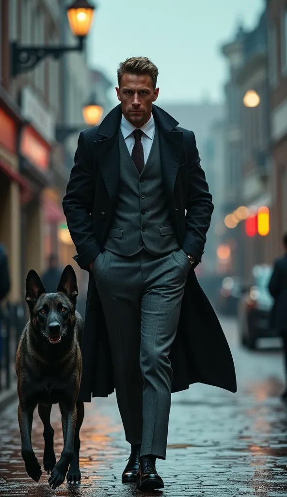 Player Description:
Kevin De Bruyne wears a gray three-piece suit with a pocket watch and a black trench coat. His expression is calculating, walking forward with a precise, measured stride.
Dog Companion:
A Belgian Malinois with a sleek black coat and sha...