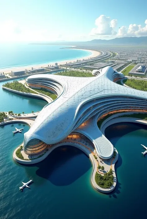 Can you make me international airport in Aerial view. The design concepts of building turtle roof with sea waves roof design building its futuristic style