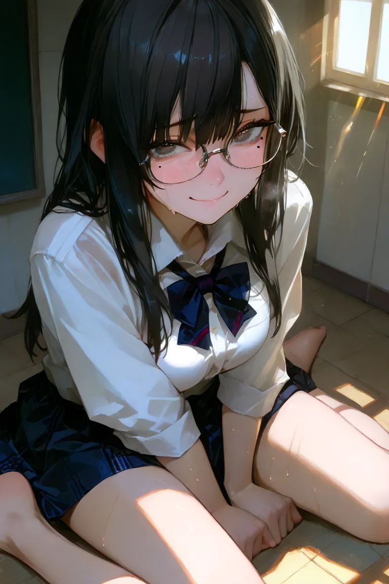 masterpiece, 8k, school, no shoes, bare feet, long hair, black hair, sweat stains, school uniform, glasses, (mole under the eye:1.2), (wariza:1.5), 1girl, spread, thin chests, medium breasts, close-up face, Dynamism, unrealistic beauty, enchanting eyes, pe...