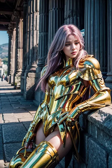 Super high saturation（masterpiece）， Full body image，（Best quality）， （1 girl），purple hair,  Wearing shining golden armor， Sexy lingerie type armor，Show your breasts，Expose the waistline，Show your thighs，cool pose， Saint Seiya Armor， Messy hair，High Detail, ...